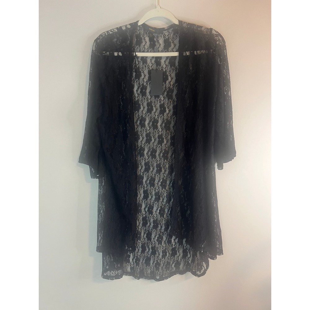 Espresso Women Black Floral Lace‎ Open Front Cardigan Longline Kimono Size L NEW